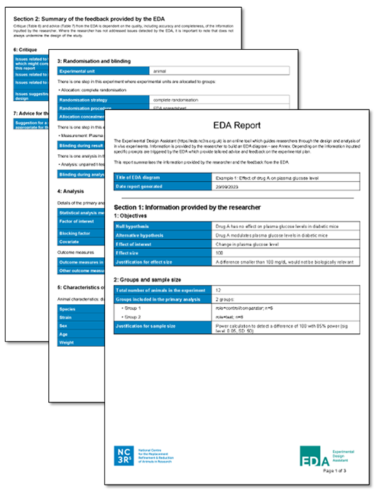 EDA experimental design report consisting of tables of key experimental design information clearly laid out. Pages of the report are displayed offset.